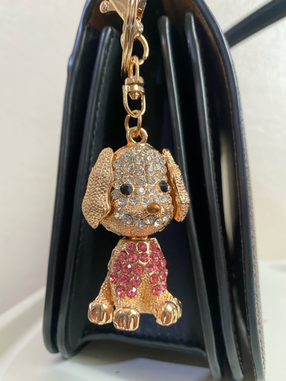 Gold-tone Crystal Puppy Bag Charm with Pink Accents